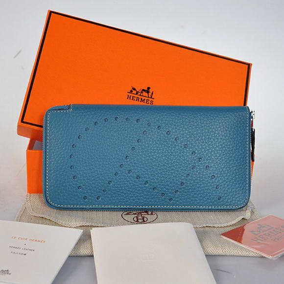 1:1 Quality Hermes Evelyn Long Wallet Zip Purse A808 Blue Replica
